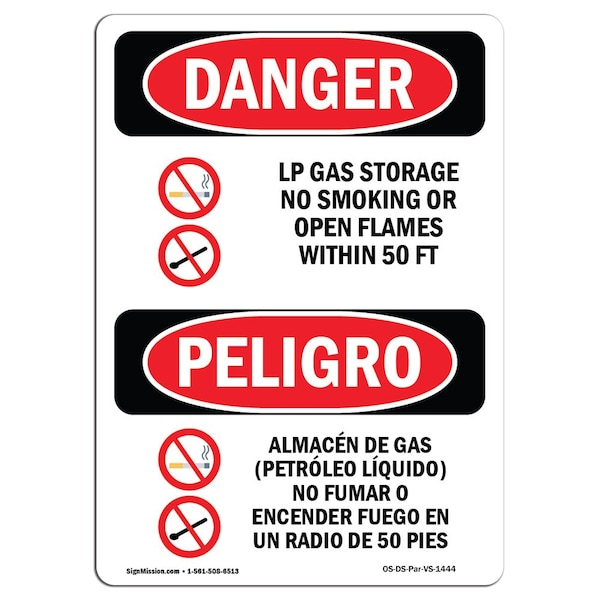 OSHA, LP Gas Storage No Smoking 50 Ft Bilingual, 18in X 12in Rigid Plastic, 12" W, 18" L, Spanish